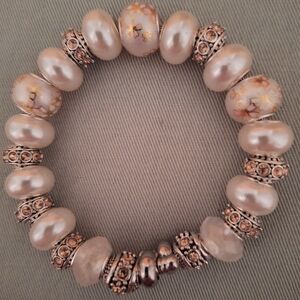 Elegant Handmade Glass Beaded Pearl and Gold-Tone Silver Encased Gems Bracelet